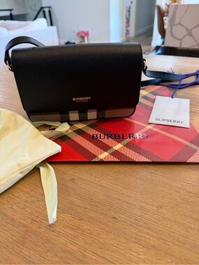 Burberry New Hampshire Black Leather Crossbody with Signature Check Trim